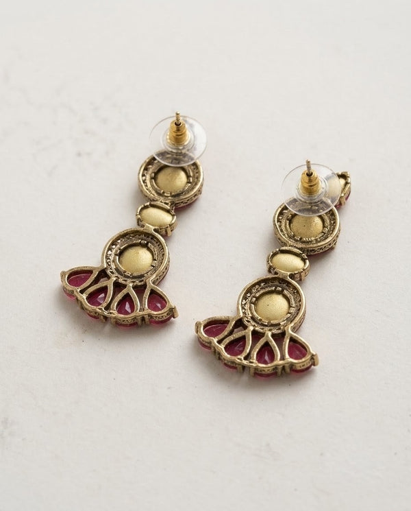 Gold-Plated Kundan Maroon Teardrop Ruby Earrings