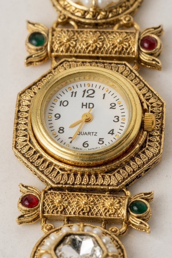 Antique Gold Rajwadi Kundan Watch Bracelet