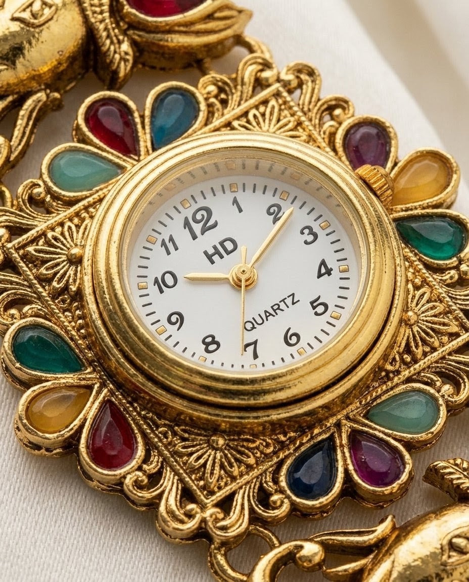 Antique Gold Rajwadi Kundan Watch Bracelet