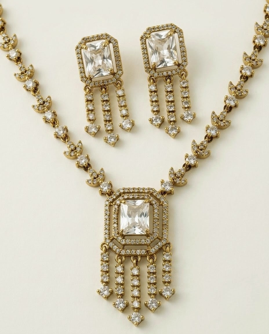 Gold Plated AD Drop Fringe Necklace Set