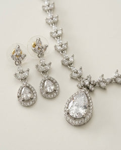 Silver-Plated Teardrop American Diamond CZ Pendant Necklace Set