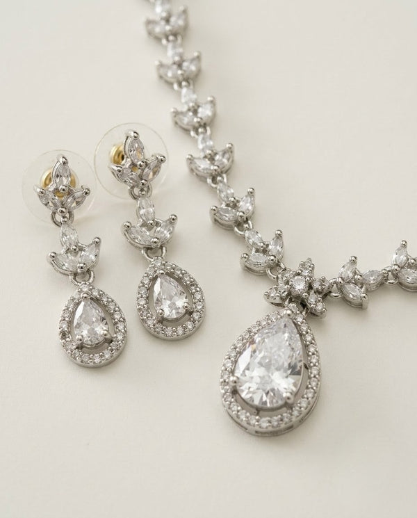 Silver-Plated Teardrop American Diamond CZ Pendant Necklace Set