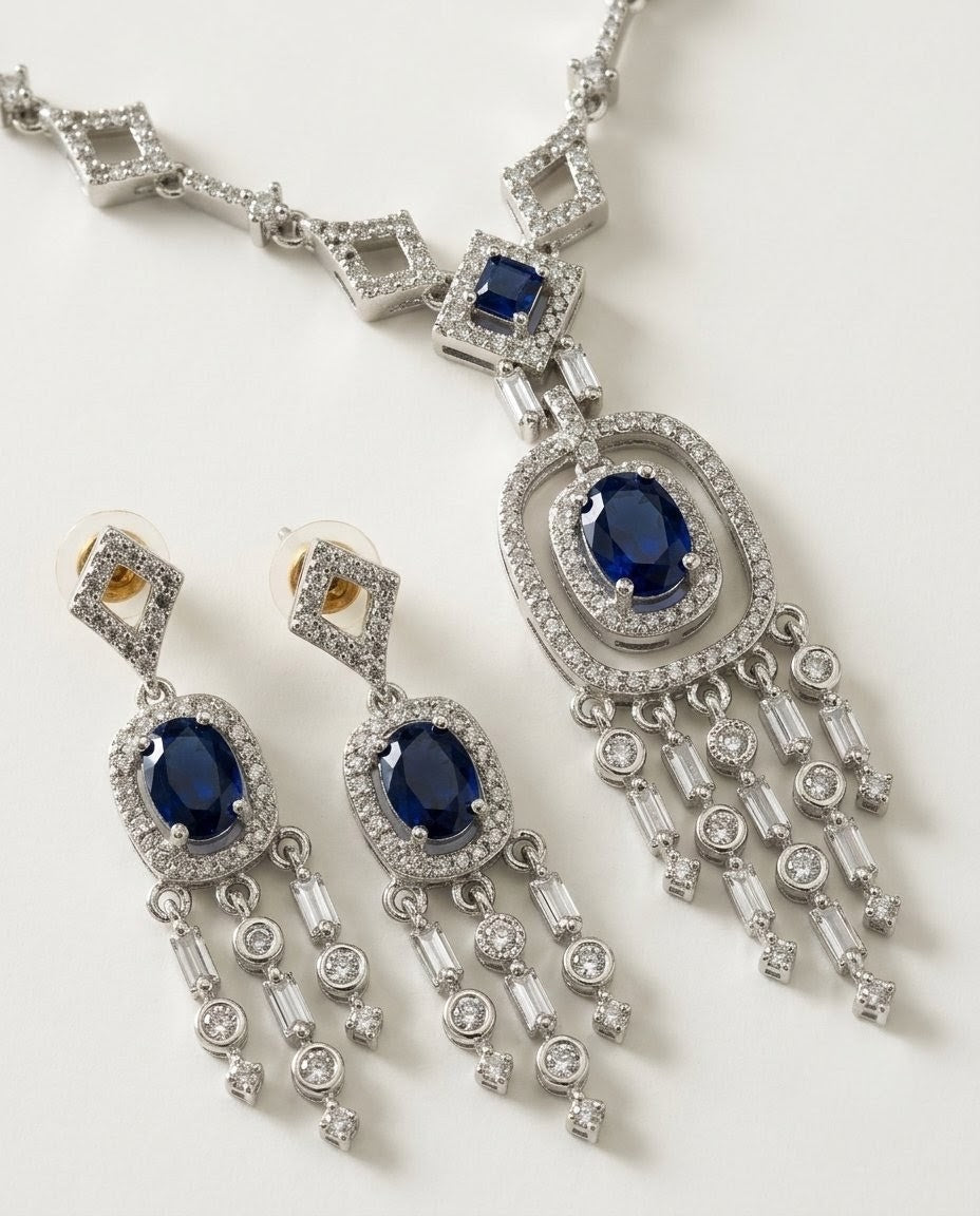 Silver-Plated American Diamond & Crystal Pendant Necklace Set