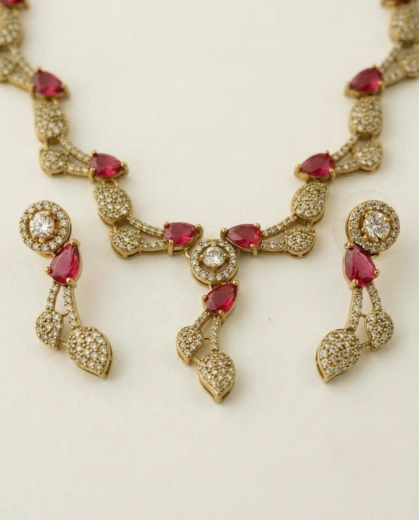 Emerald Green Leaf Vine AD & CZ Necklace Set
