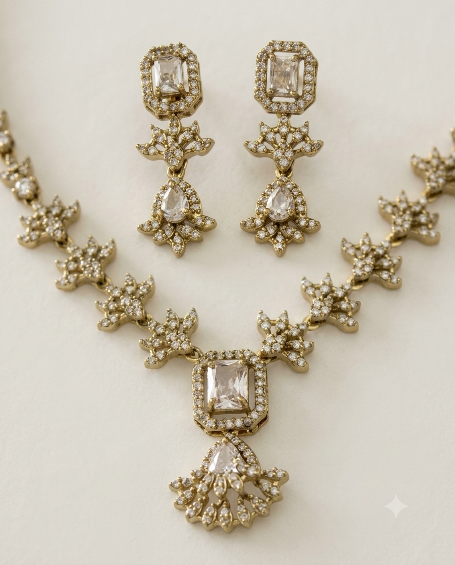 Gold-Plated AD & Emerald Stone Necklace Set