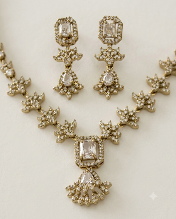 Gold-Plated AD & Emerald Stone Necklace Set