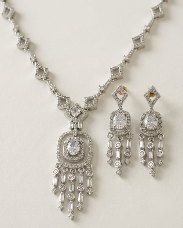 Silver-Plated American Diamond & Crystal Pendant Necklace Set