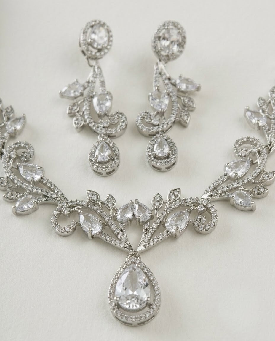 Silver-Plated Teardrop American Diamond CZ Pendant Necklace Set