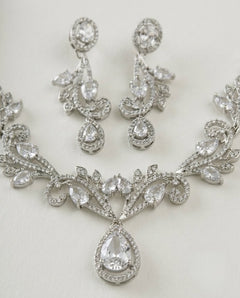Silver-Plated Teardrop American Diamond CZ Pendant Necklace Set