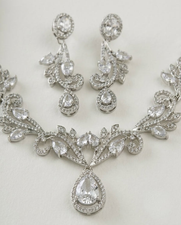 Silver-Plated Teardrop American Diamond CZ Pendant Necklace Set