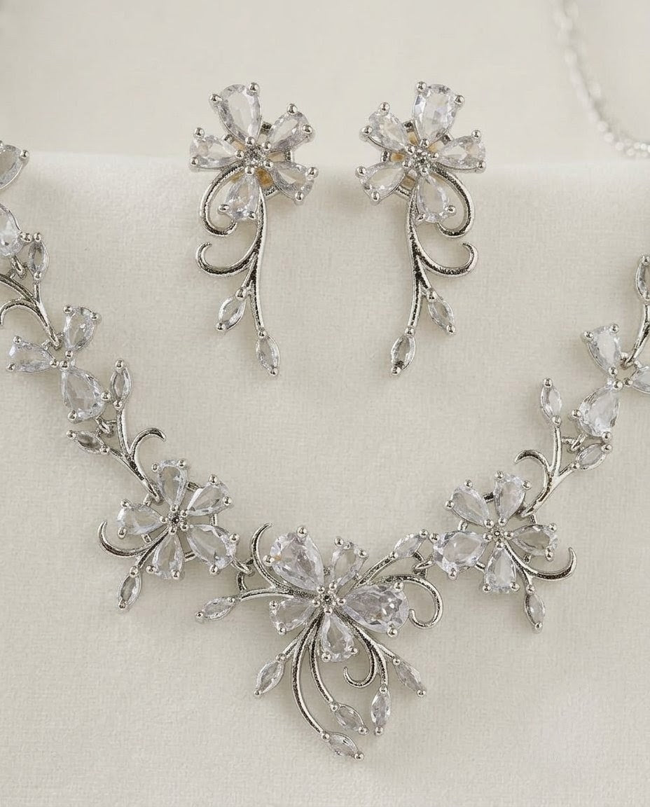 Silver-Plated Floral Pendant Necklace Set with American Diamond CZ