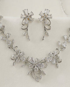 Silver-Plated Floral Pendant Necklace Set with American Diamond CZ