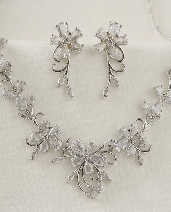 Silver-Plated Floral Pendant Necklace Set with American Diamond CZ