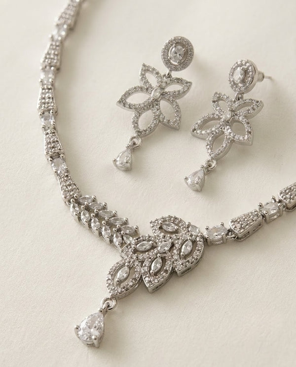 Silver-Plated Teardrop CZ Necklace & Earrings Set