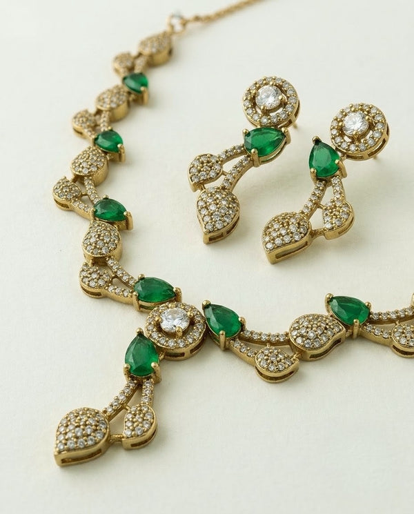 Emerald Green Leaf Vine AD & CZ Necklace Set