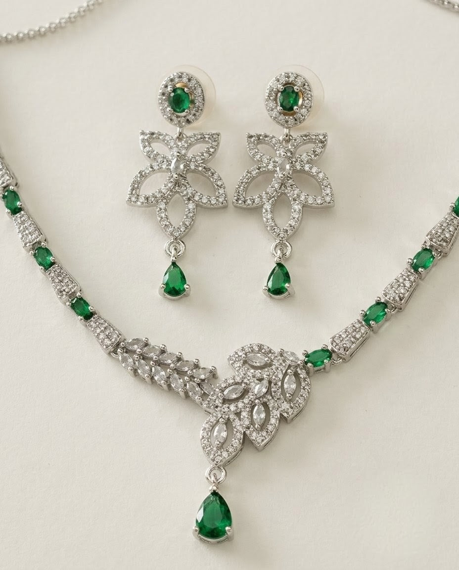 Silver-Plated Teardrop CZ Necklace & Earrings Set