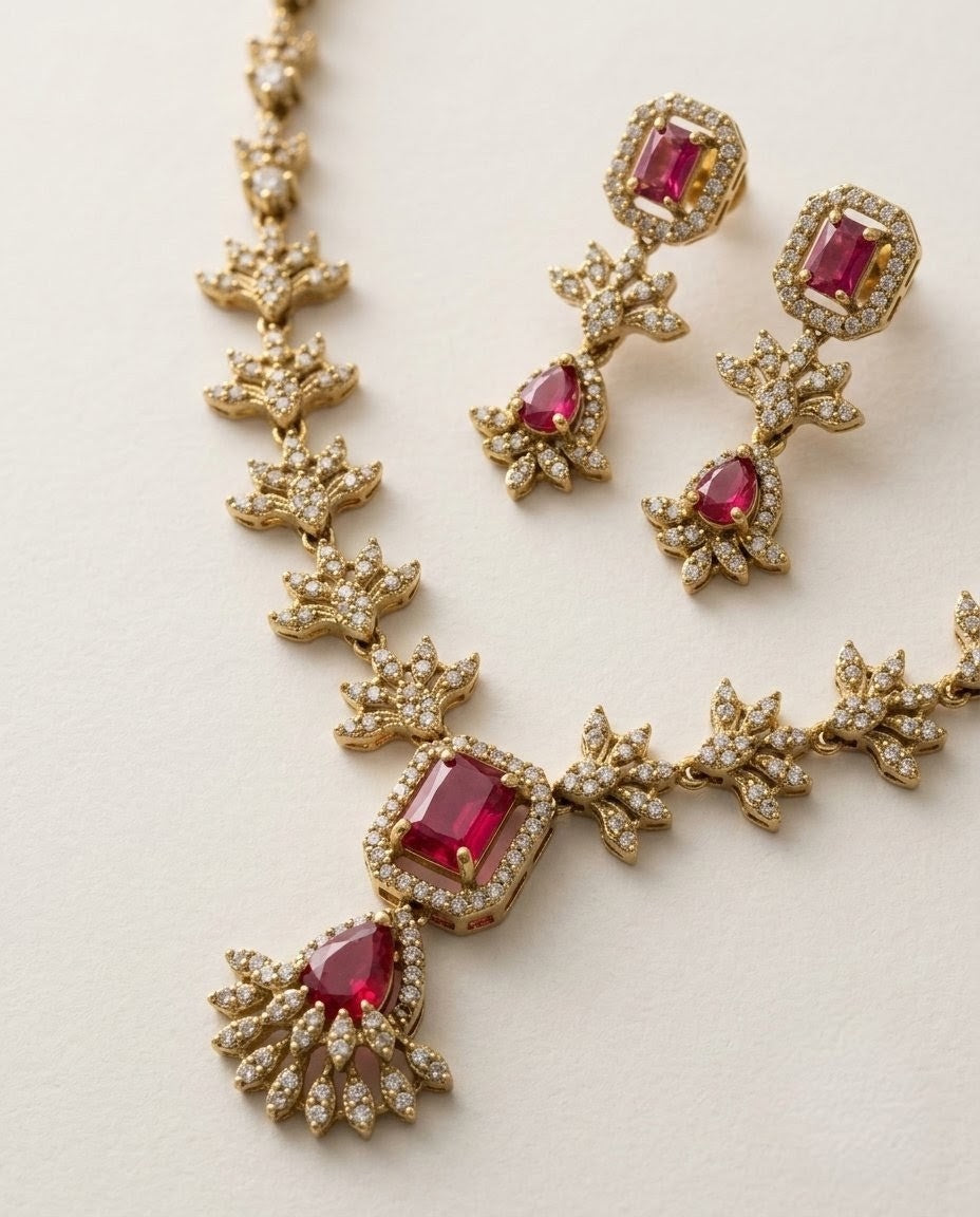 Gold-Plated AD & Emerald Stone Necklace Set