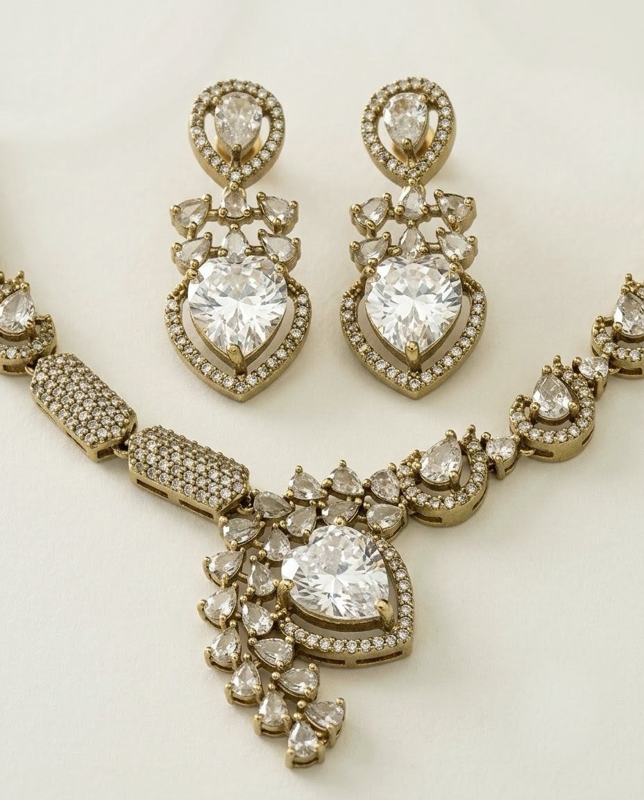 Gold-Plated American Diamond & CZ Teardrop Crystal Pendant Necklace Set