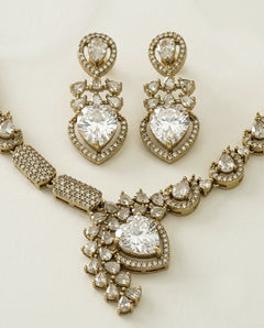 Gold-Plated American Diamond & CZ Teardrop Crystal Pendant Necklace Set