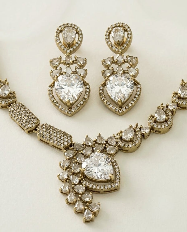 Gold-Plated American Diamond & CZ Teardrop Crystal Pendant Necklace Set