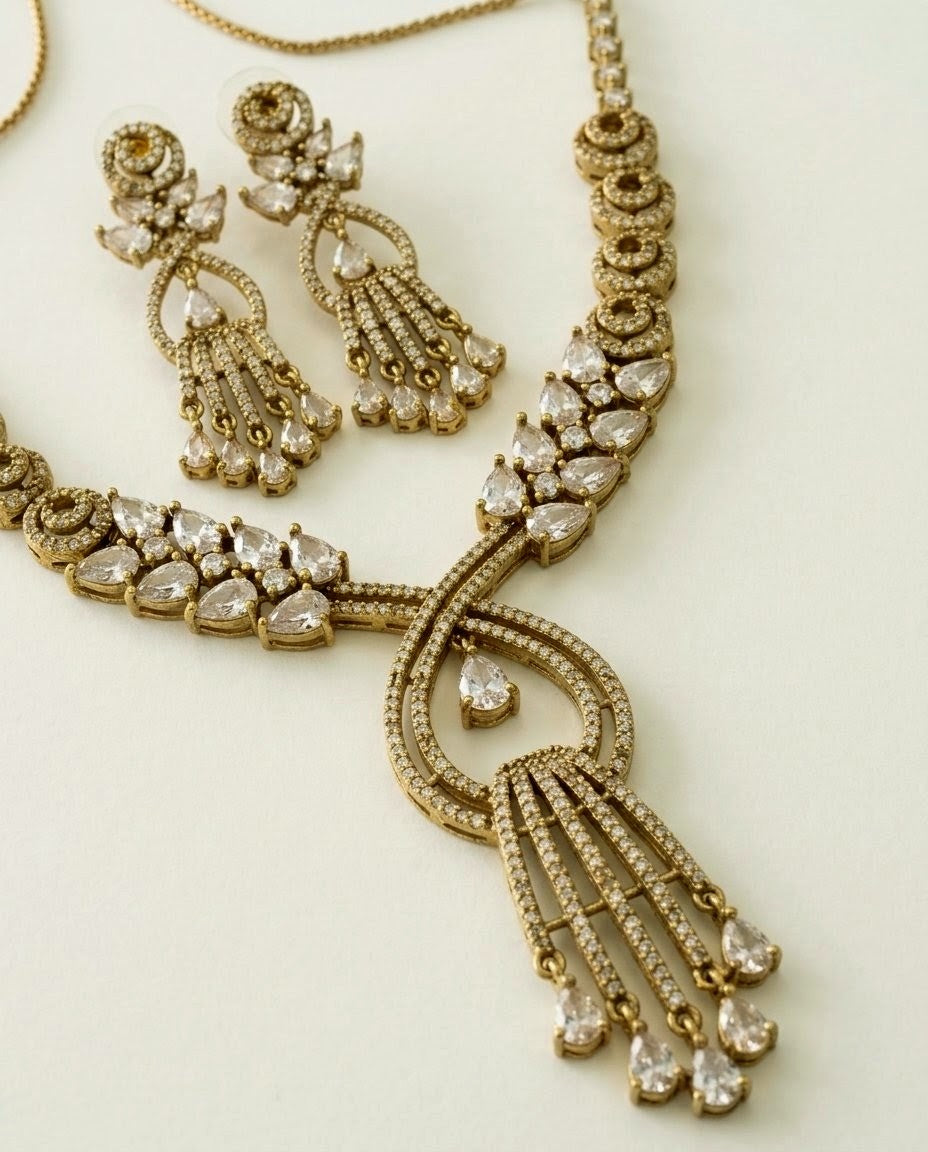 Gold-Plated American Diamond & CZ Teardrop Crystal Pendant Necklace Set