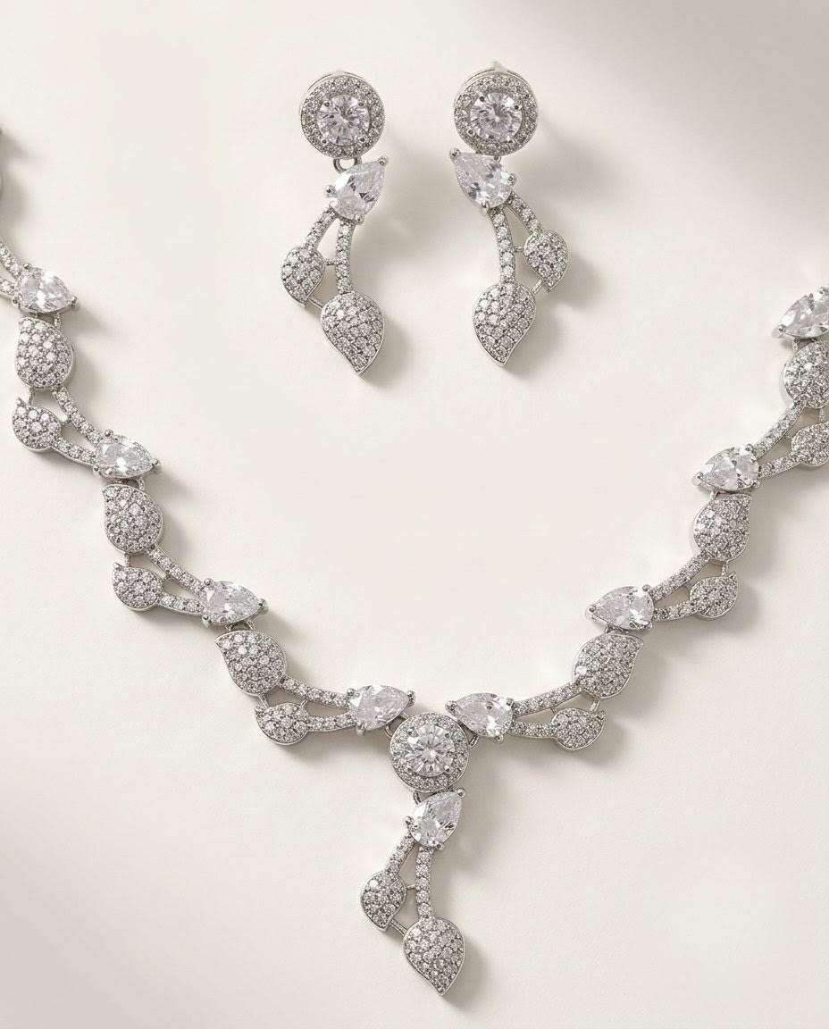 Emerald Green Leaf Vine AD & CZ Necklace Set