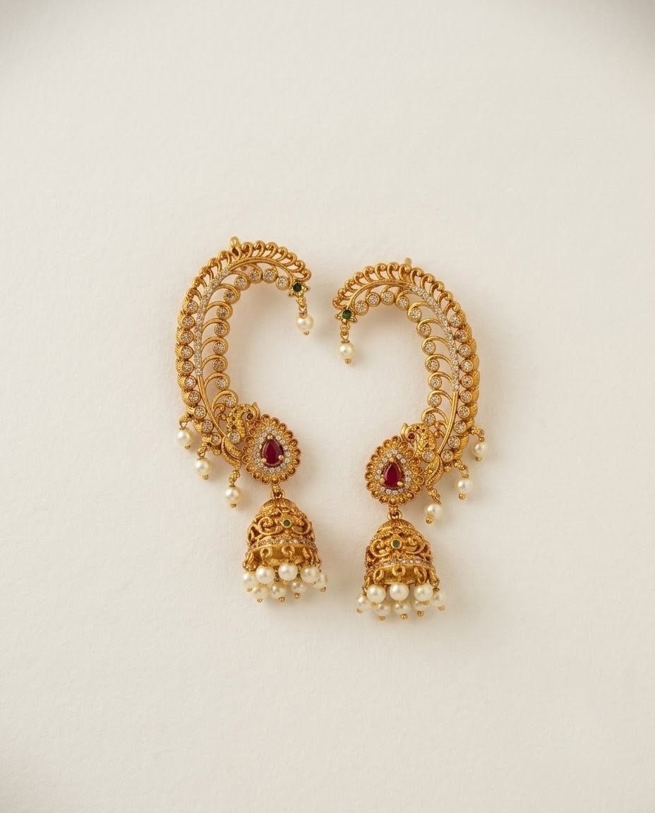 Gold Plated Peacock Kemp Jhumka Earcuffs