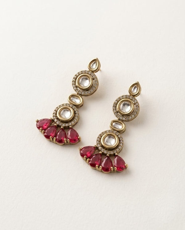 Gold-Plated Kundan Maroon Teardrop Ruby Earrings