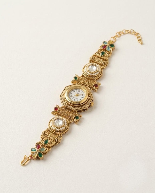 Antique Gold Rajwadi Kundan Watch Bracelet