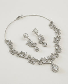 Silver-Plated Teardrop American Diamond CZ Pendant Necklace Set