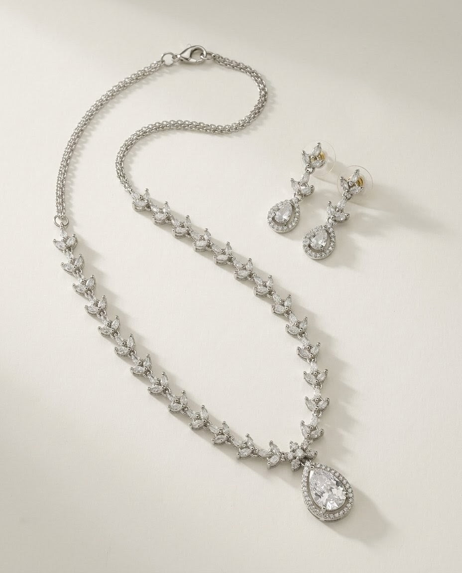Silver-Plated Teardrop American Diamond CZ Pendant Necklace Set