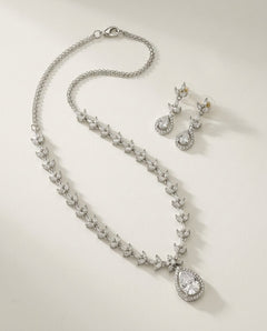Silver-Plated Teardrop American Diamond CZ Pendant Necklace Set