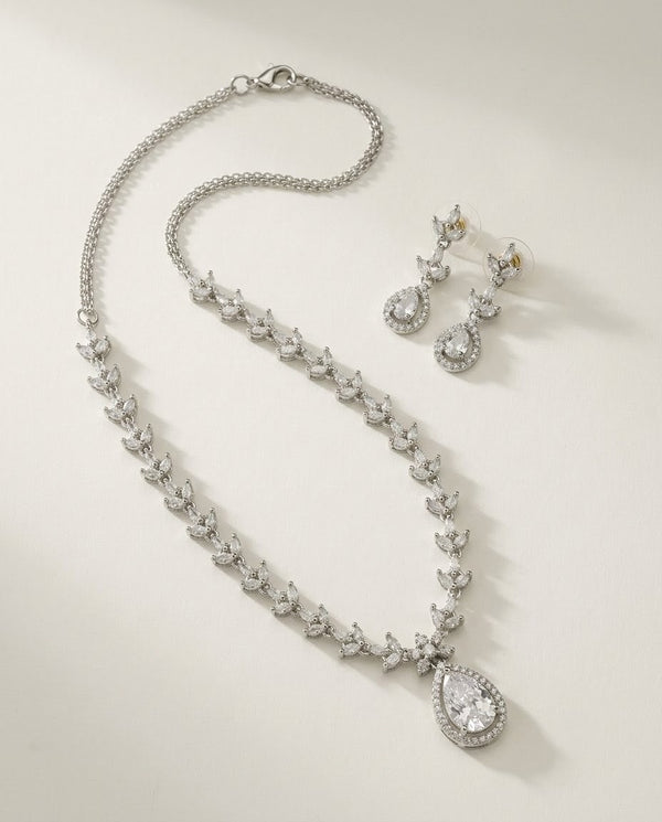 Silver-Plated Teardrop American Diamond CZ Pendant Necklace Set