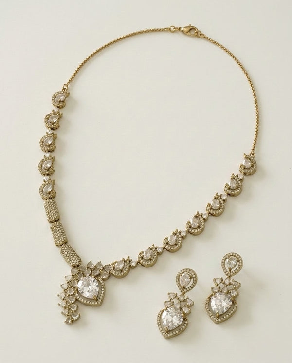 Gold-Plated American Diamond & CZ Teardrop Crystal Pendant Necklace Set