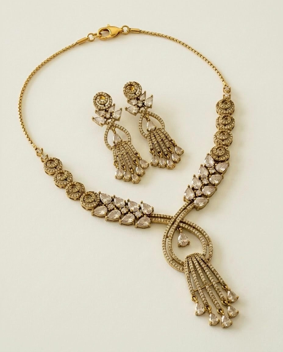 Gold-Plated American Diamond & CZ Teardrop Crystal Pendant Necklace Set
