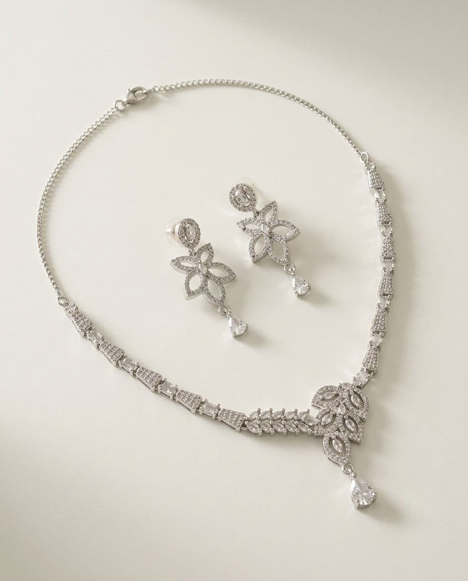 Silver-Plated Teardrop CZ Necklace & Earrings Set