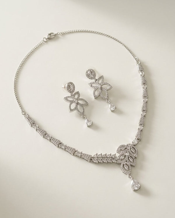 Silver-Plated Teardrop CZ Necklace & Earrings Set