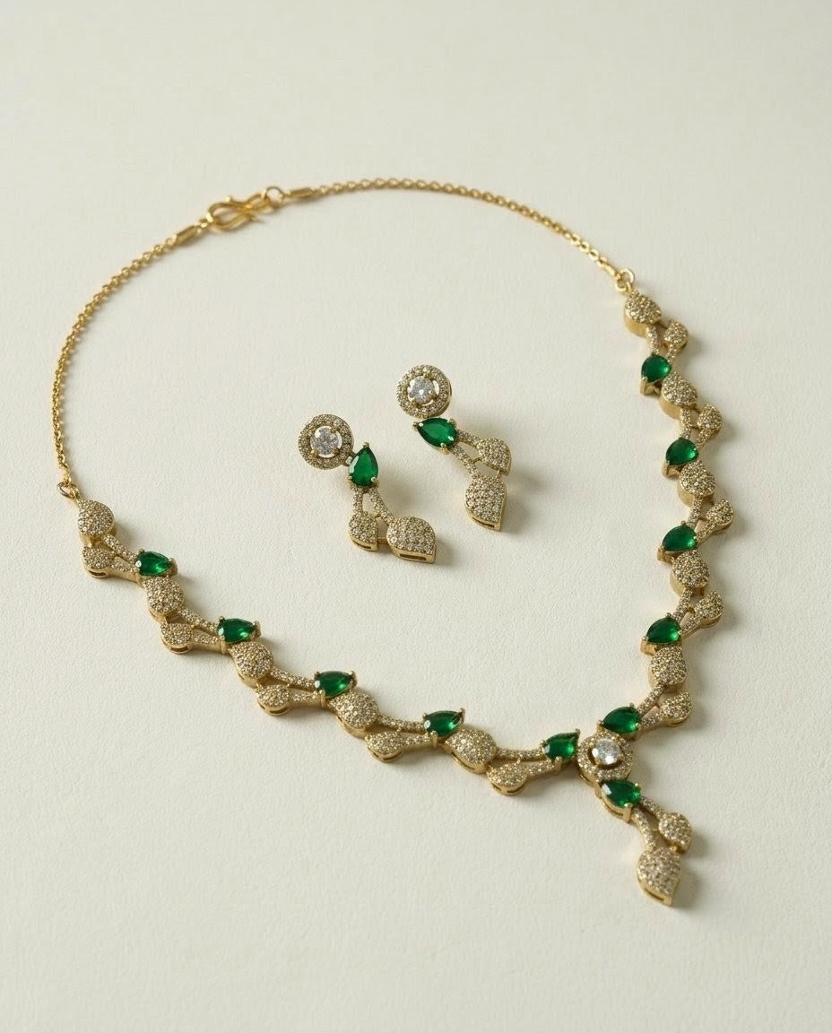 Emerald Green Leaf Vine AD & CZ Necklace Set