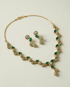 Emerald Green Leaf Vine AD & CZ Necklace Set