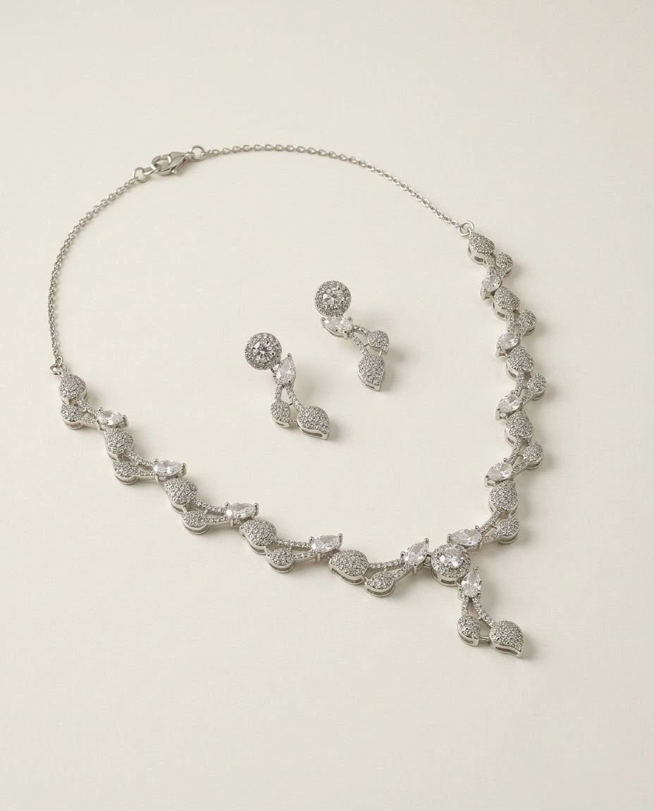 Emerald Green Leaf Vine AD & CZ Necklace Set