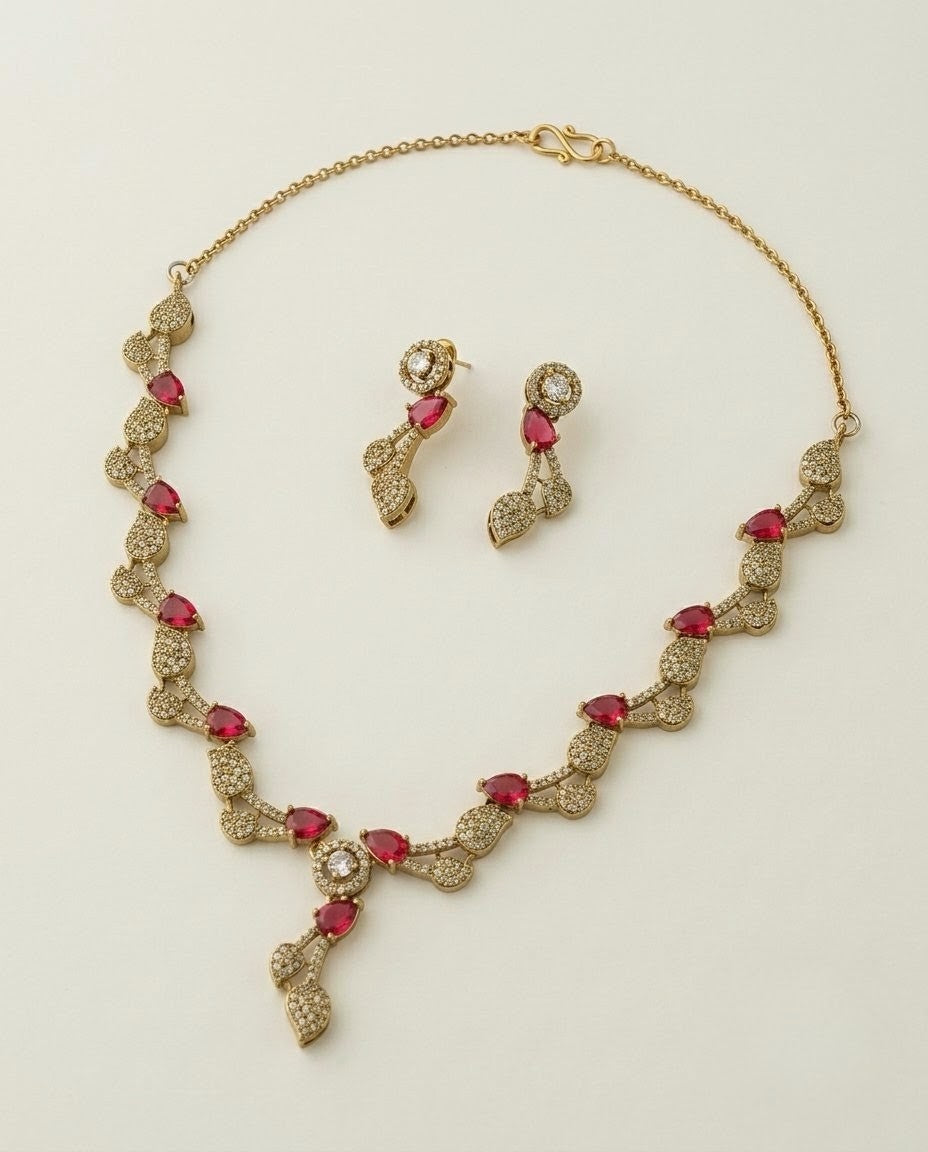 Emerald Green Leaf Vine AD & CZ Necklace Set