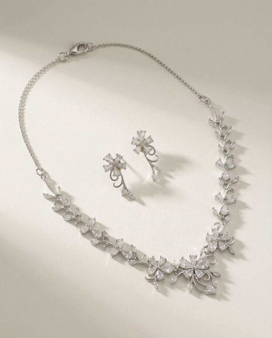 Silver-Plated Floral Pendant Necklace Set with American Diamond CZ