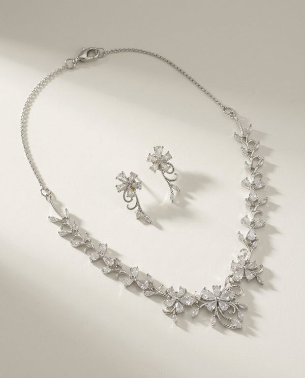 Silver-Plated Floral Pendant Necklace Set with American Diamond CZ