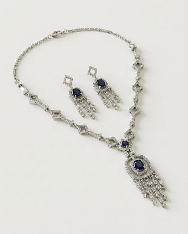 Silver-Plated American Diamond & Crystal Pendant Necklace Set
