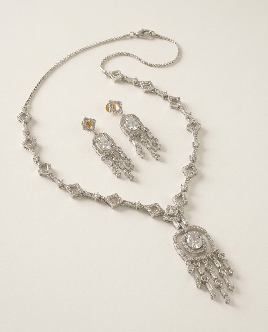 Silver-Plated American Diamond & Crystal Pendant Necklace Set