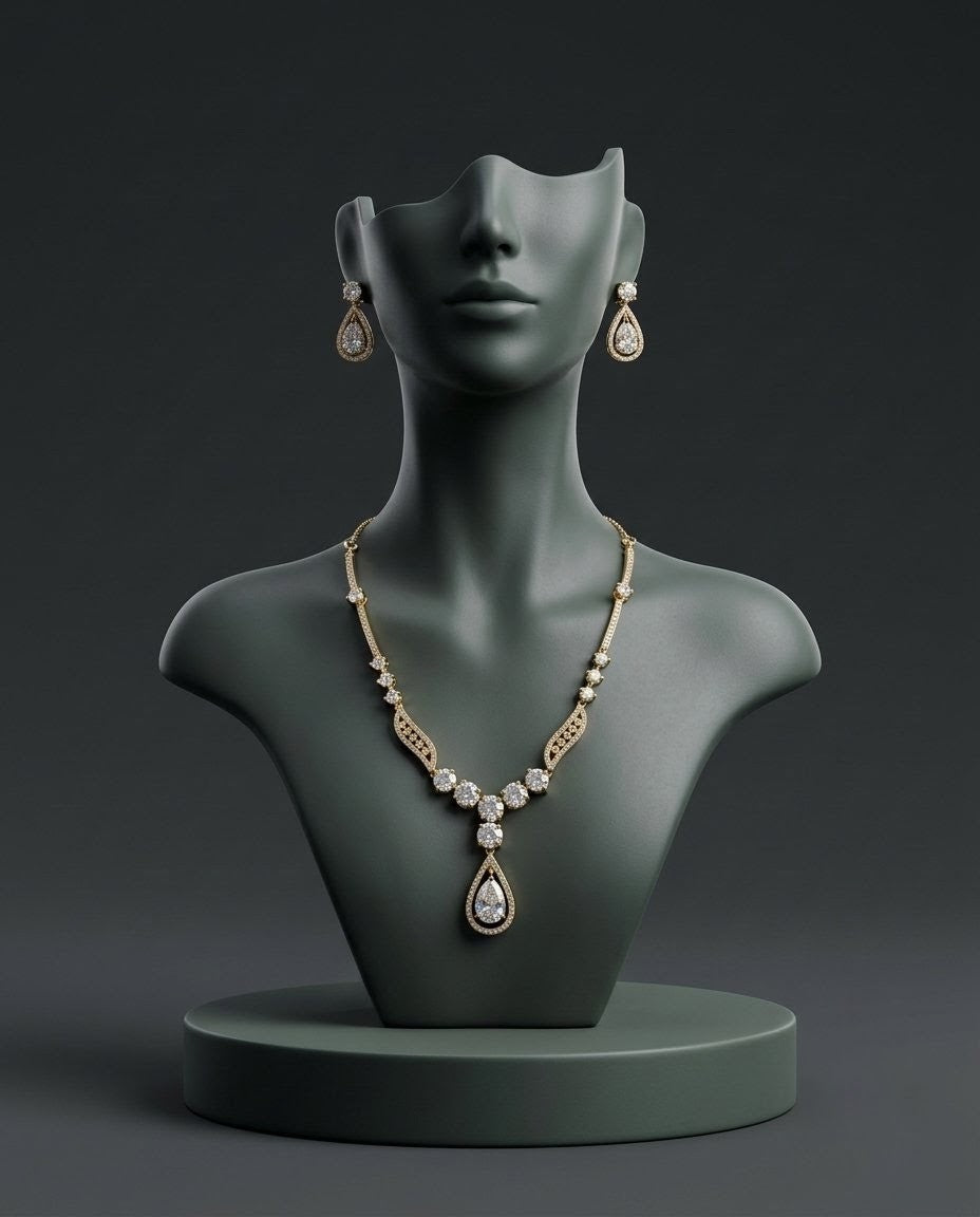 Gold-Plated AD Teardrop Pendant Necklace Set