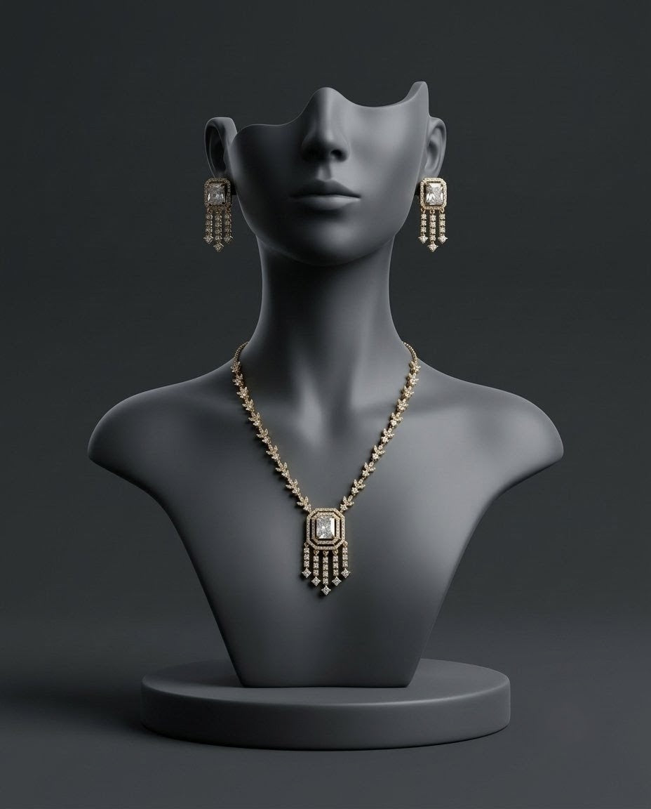 Gold Plated AD Drop Fringe Necklace Set