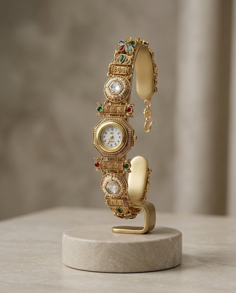 Antique Gold Rajwadi Kundan Watch Bracelet