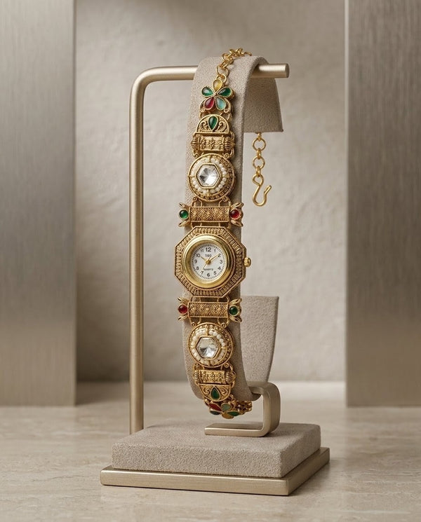 Antique Gold Rajwadi Kundan Watch Bracelet