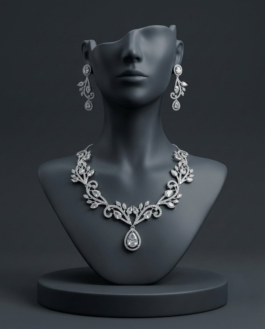 Silver-Plated Teardrop American Diamond CZ Pendant Necklace Set